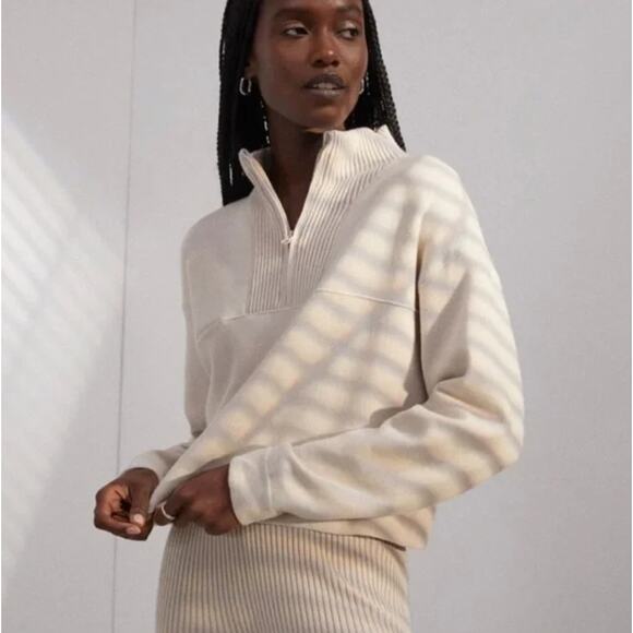 LUNYA Cozy Cotton Silk 1/4 Zip Pullover Calm Tan Sweater XS Boxy Fit - Picture 8 of 8